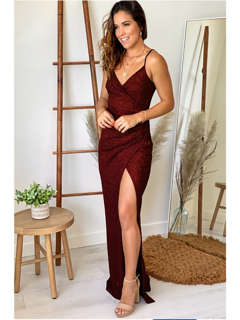 Sparkling Red Maxi Dress With Side Split And Ruching - Picture 2 of 10